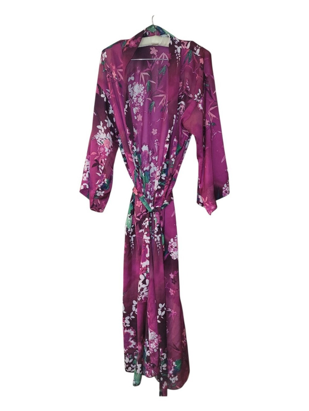 Natoria Fuscia Floral Satin Robe Kimono With Belt S